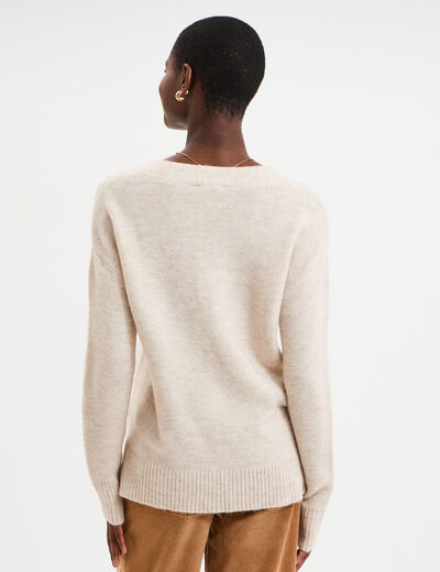 Pull droit ample col V fentes aux côtés ecru femme