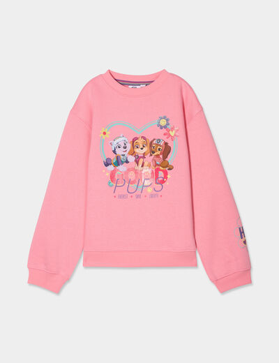Sweat col rond coton Pat Patrouille rose corail fille