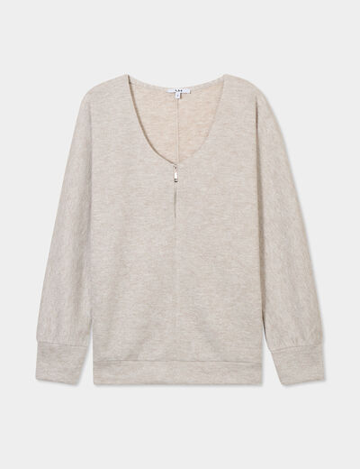 Pull chauve-souris col en V détail zippé sable femme
