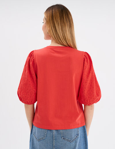 T-shirt coton manches broderie anglaise rouge femme