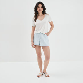 T-shirt manches courtes à col en V ivoire femme