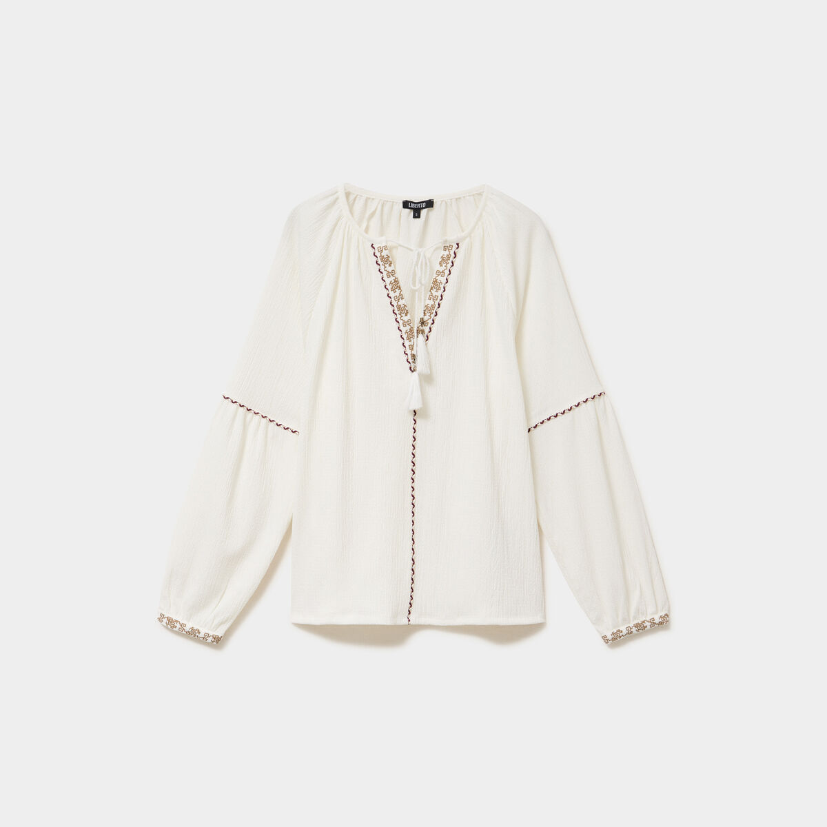 Blouse droite col tunisien avec pompons ecru femme