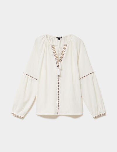 Blouse droite col tunisien avec pompons ecru femme