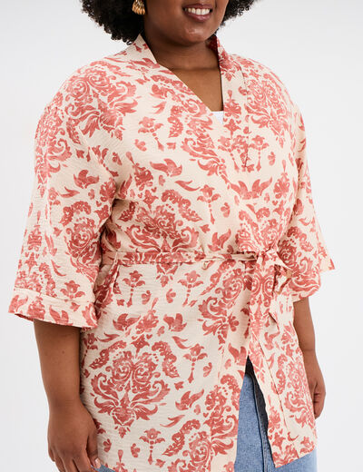 Veste esprit kimono fluide ceinturée ecru femme grande taille