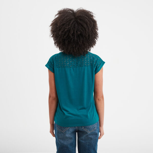 T-shirt col en V dentelle épaules et dos bleu canard femme