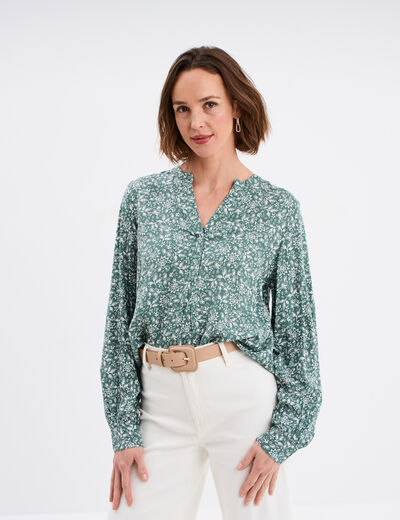 Blouse col tunisien manches longues vert foncé femme