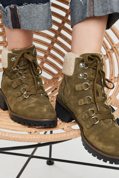 Bottines à talons empiècement molletonné vert kaki femme