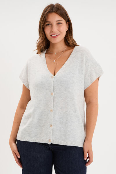 Gilet manches courtes boutonn&eacute; col V gris clair femme grande taille