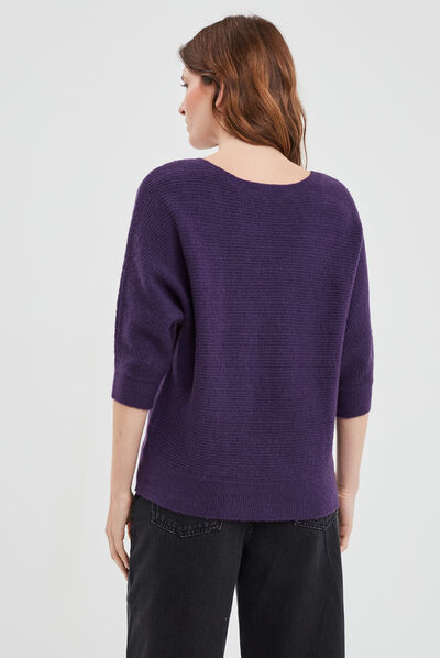 Pull manches 3/4 chauve-souris violet foncé femme