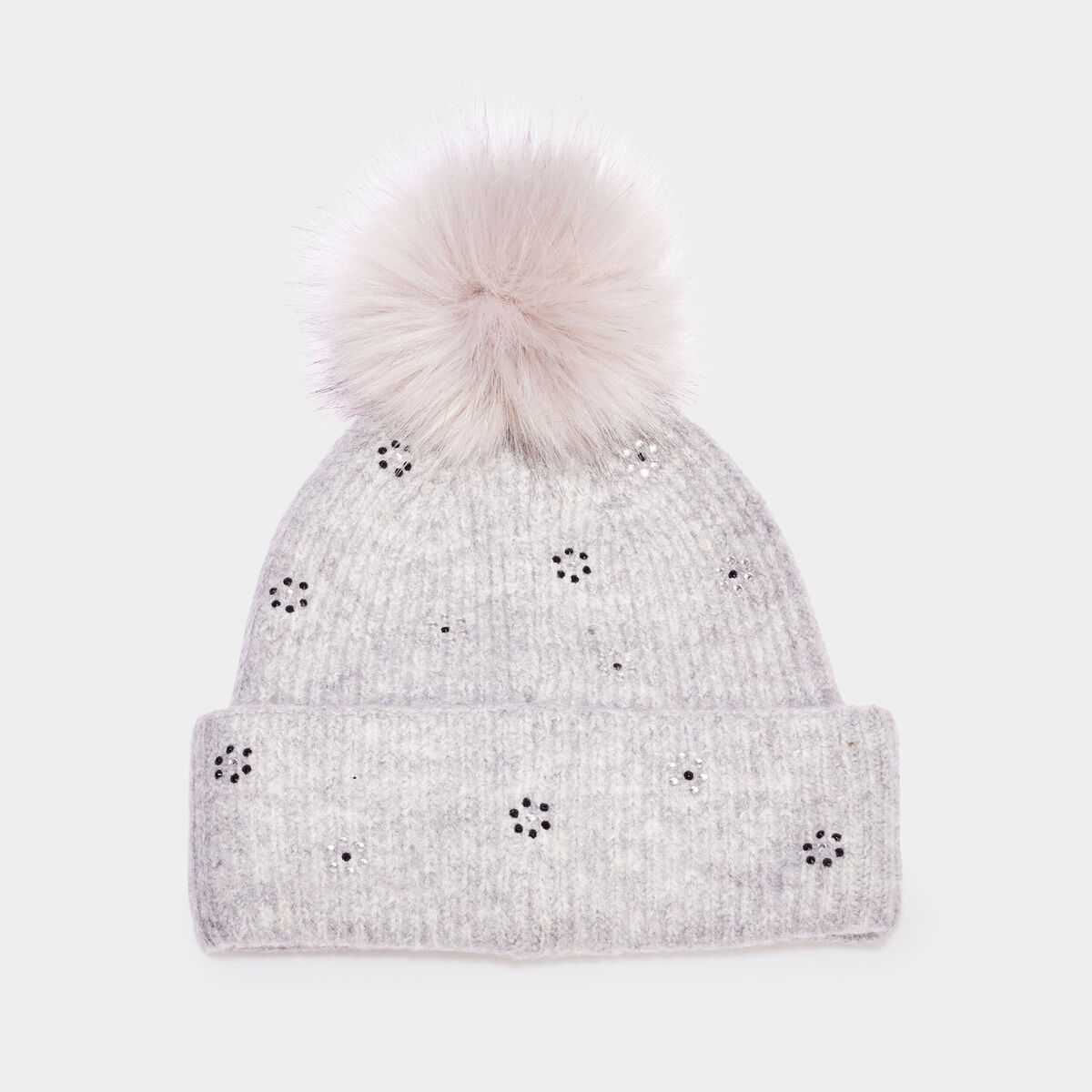 Bonnet à pompon effet fourrure et strass gris femme
