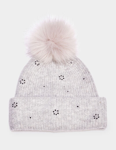 Bonnet à pompon effet fourrure et strass gris femme