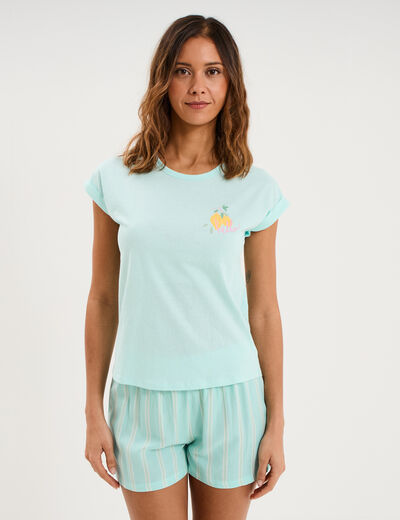 Ensemble pyjama short et t-shirt vert turquoise femme