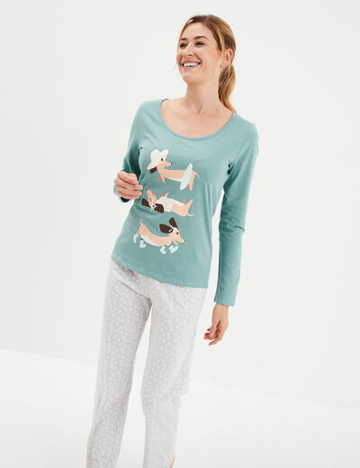 Ensemble pyjama pantalon 2 pièces coton bleu gris femme