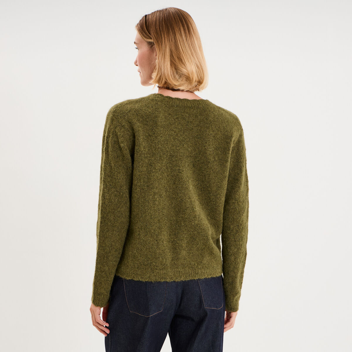 Pull col V ajour&eacute; manches longues vert olive femme