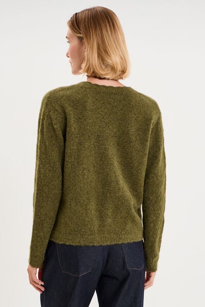 Pull col V ajour&eacute; manches longues vert olive femme