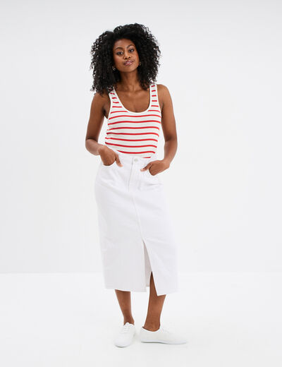Jupe midi fendue en jean coton denim blanc femme