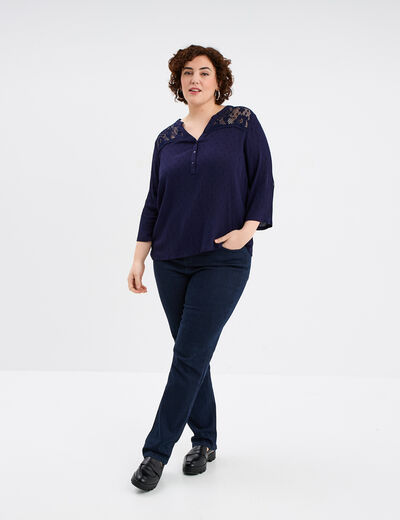 Blouse plumetis avec épaules dentelle bleu marine femme grande taille