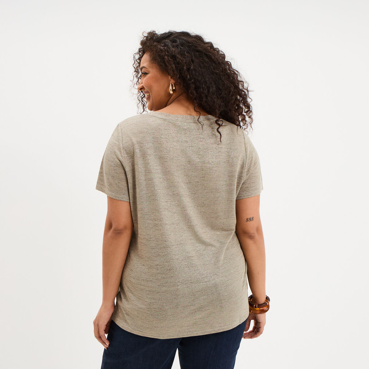 T-shirt col en V manches courtes vert kaki femme grande taille