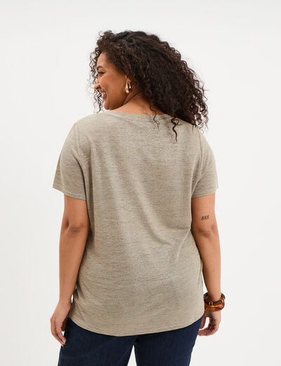 T-shirt col en V manches courtes vert kaki femme grande taille