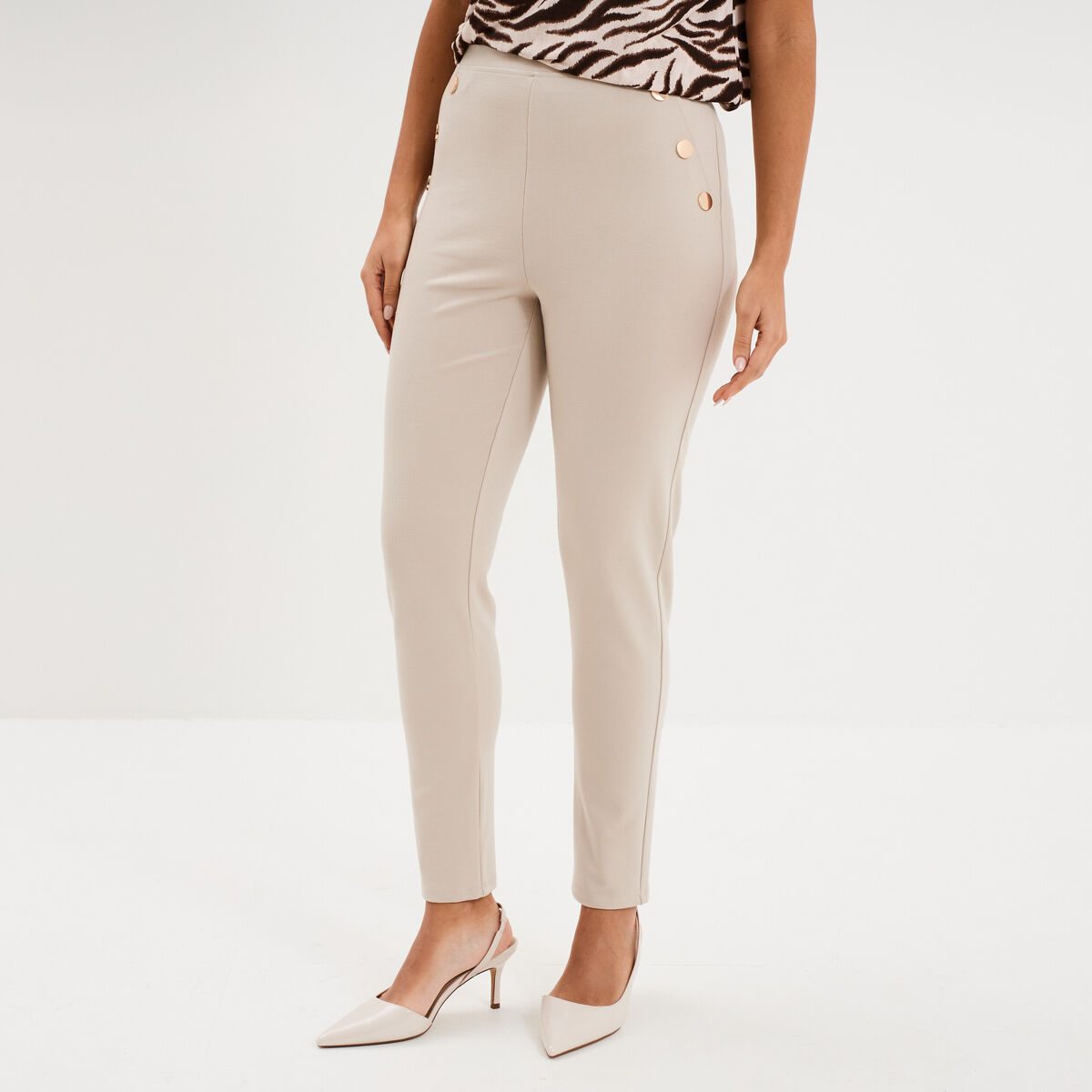 Leggings &agrave; boutons pont beige femme