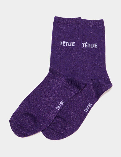 Chaussettes &agrave; fils m&eacute;tallis&eacute;s mi-hautes violet fonc&eacute; femme