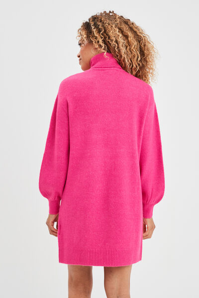 Robe pull col roulé courte droite rose fushia femme