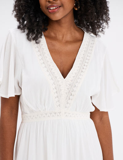 Robe en crêpe manches papillons col en V blanc femme