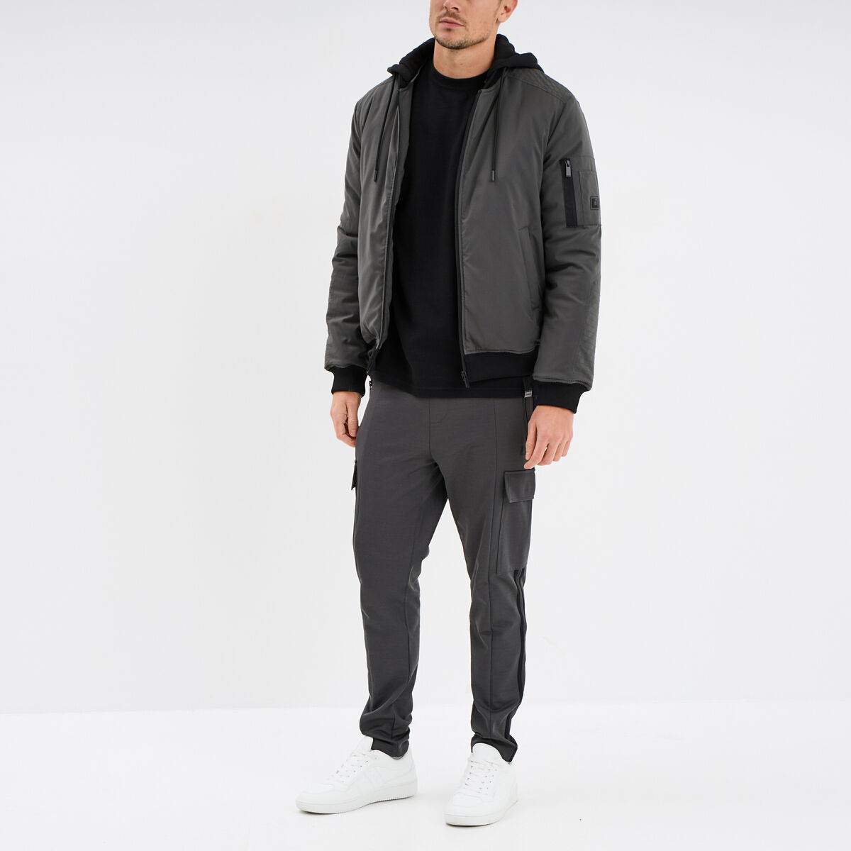 Veste bomber droite à capuche amovible vert kaki homme