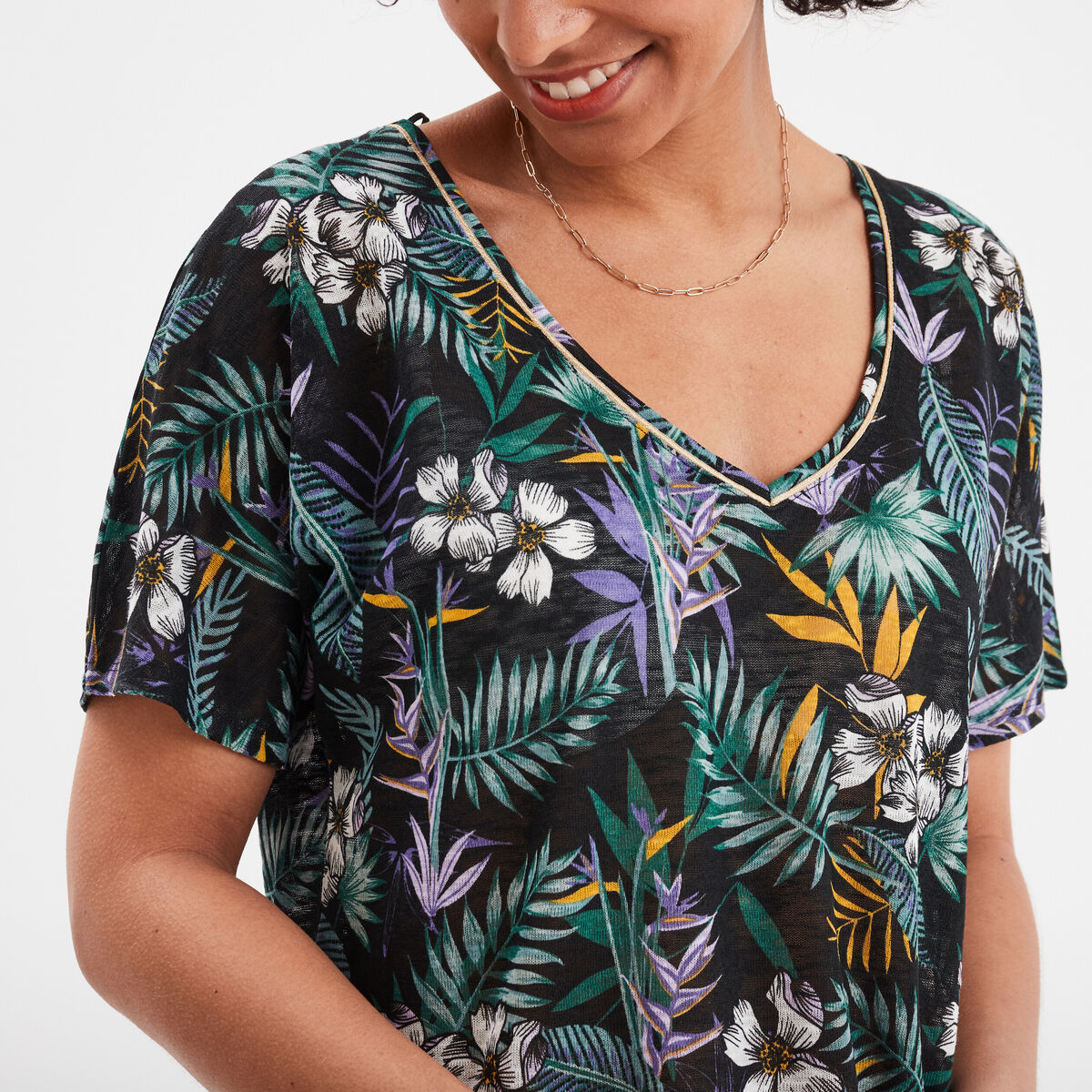 T-shirt col en V manches courtes noir femme