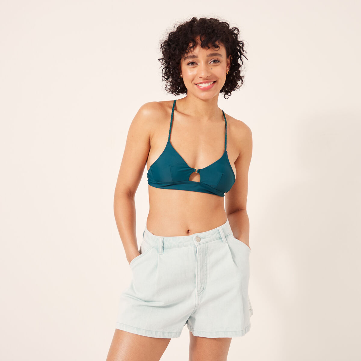 Haut de maillot de bain bretelles fines bleu pétrole femme