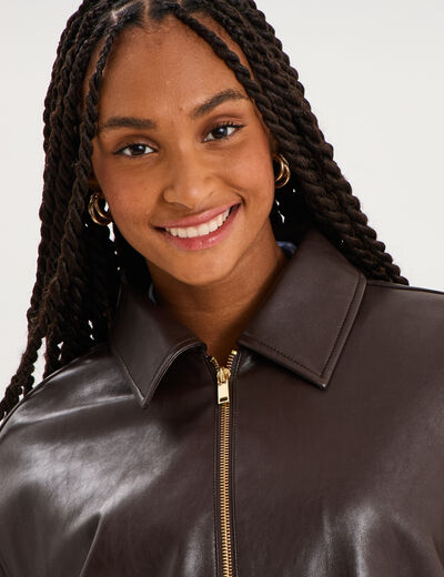 blouson court oversize similicuir zipp&eacute; marron fonc&eacute; femme