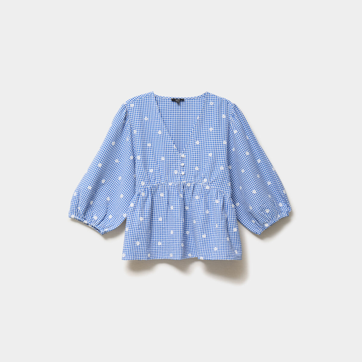 Blouse brod&eacute;e &agrave; basque manches 3/4 bleu marine femme
