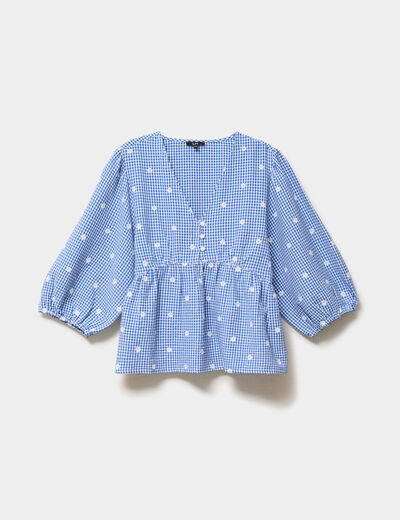 Blouse brod&eacute;e &agrave; basque manches 3/4 bleu marine femme