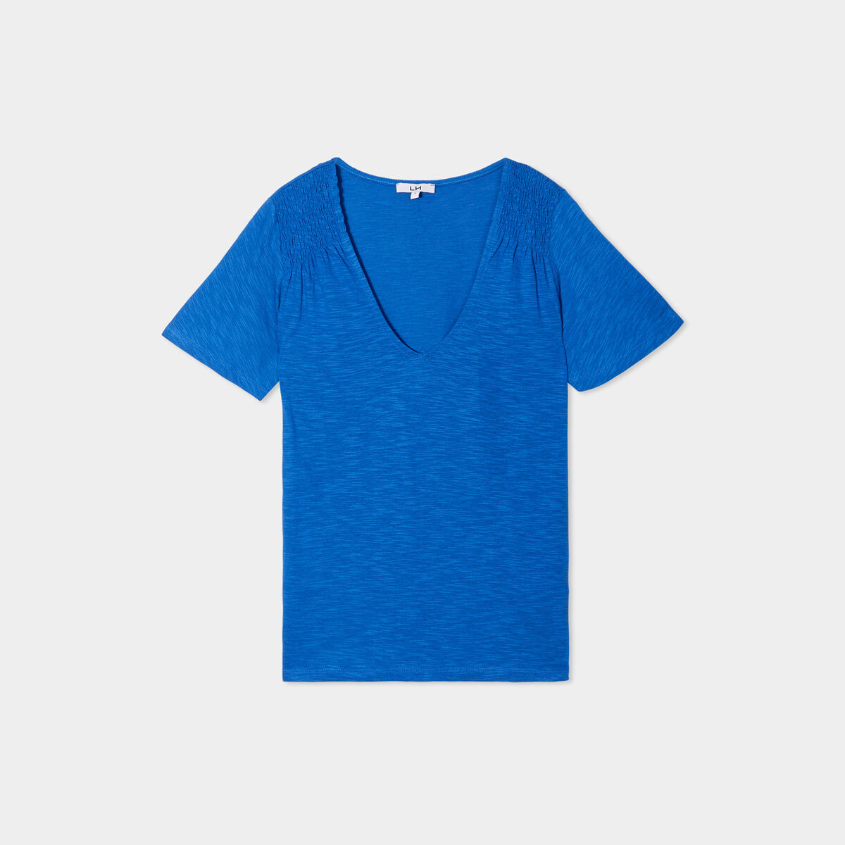 T-shirt manches courtes épaules smockées bleu roi femme