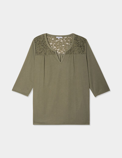 T-shirt col tunisien avec dentelle vert kaki femme grande taille