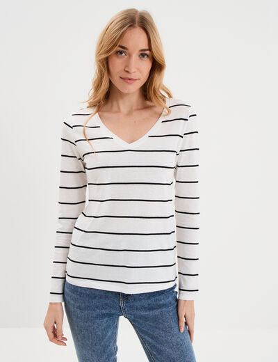 T-shirt col en V manches longues ecru femme