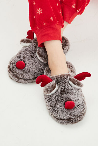 Chaussons renne mules fourrure multicolore femme