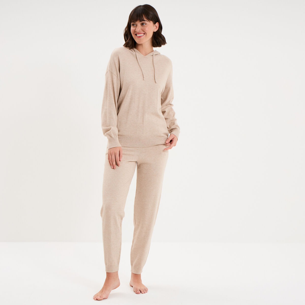Bas de pyjama jogger en maille beige femme