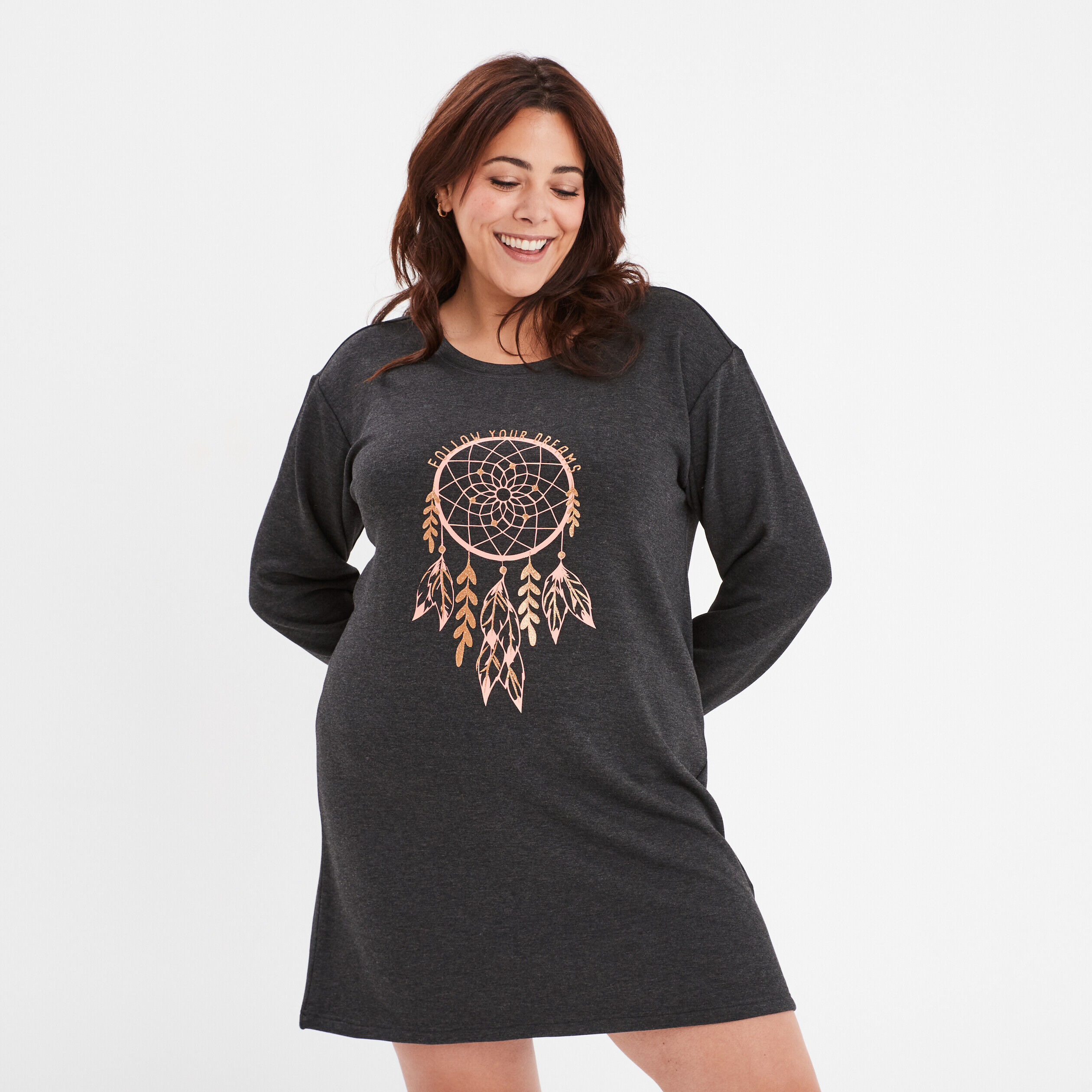 Chemise de nuit courte manches longues gris foncé femme grande taille MODAVISTA