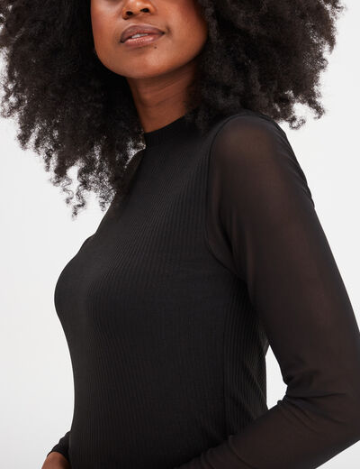 T-shirt côtelé manches longues noir femme