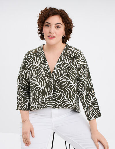 Blouse manches retroussables col en V vert kaki femme grande taille