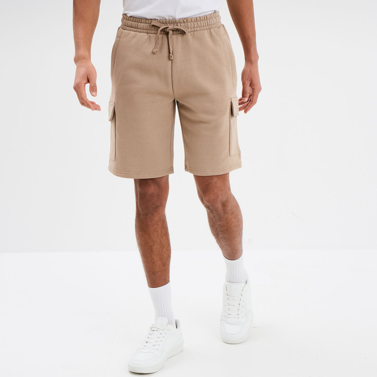 Bermuda cargo molleton taille &eacute;lastiqu&eacute;e taupe homme