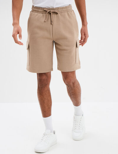 Bermuda cargo molleton taille &eacute;lastiqu&eacute;e taupe homme