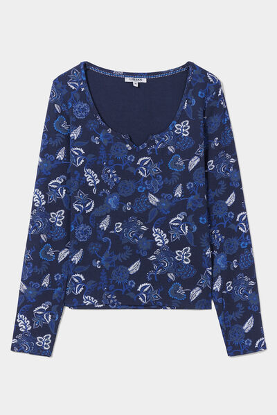 T-shirt côtelé col tunisien Creeks bleu marine femme