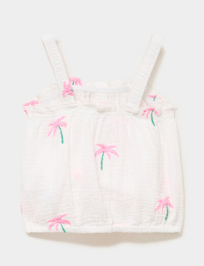 Blouse brod&eacute;e &agrave; bretelles gaze de coton ecru fille