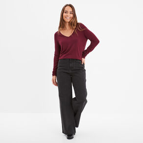 Pull ajusté avec col en V bordeaux femme