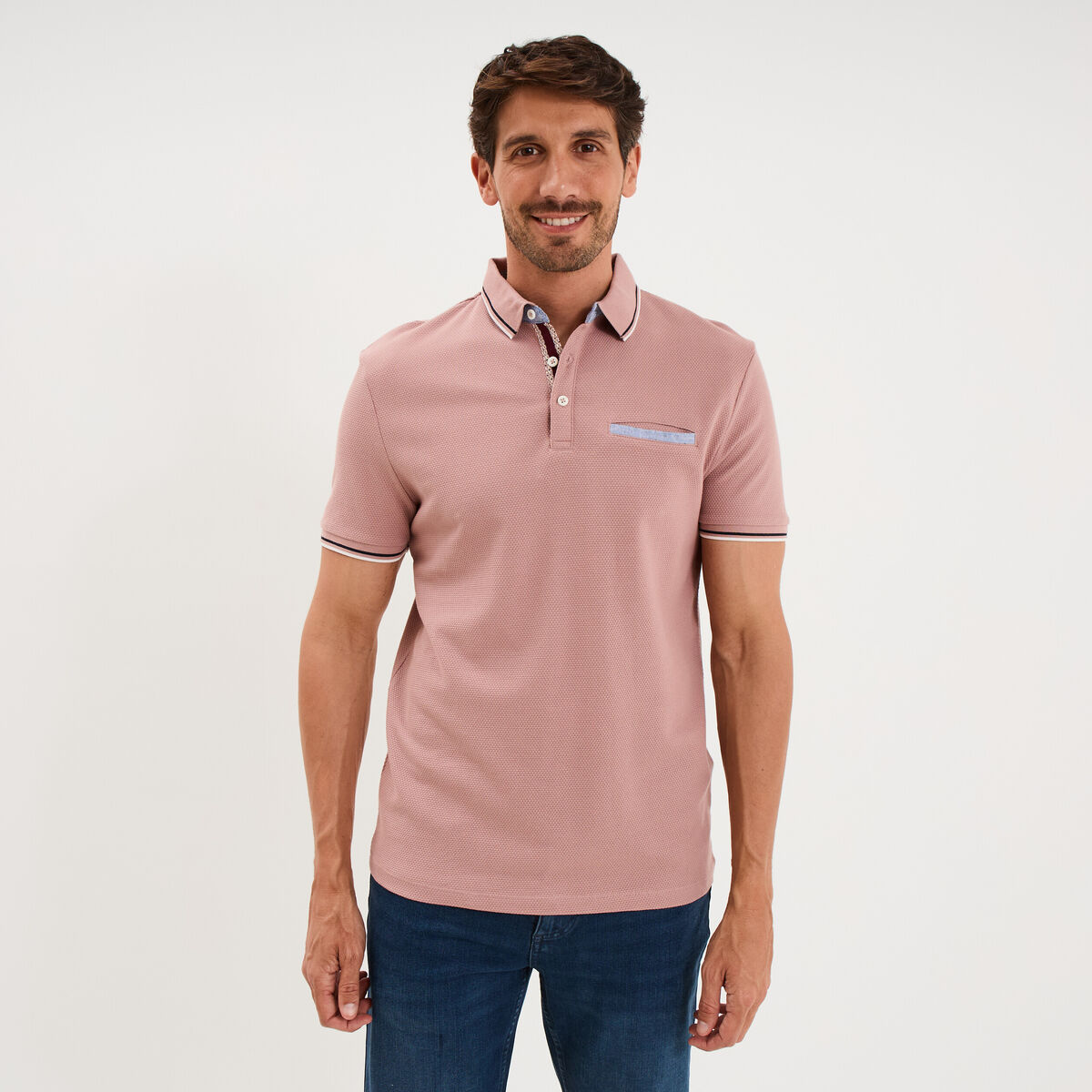 Polo piqu&eacute; manches courtes coton vieux rose homme