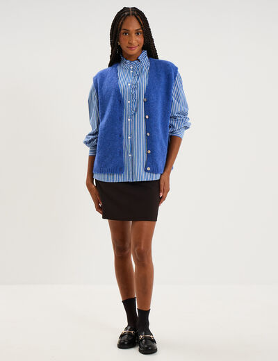Blouse manches longues col montant bleu femme