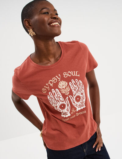 T-shirt ajust&eacute; manches courtes coton terracotta femme