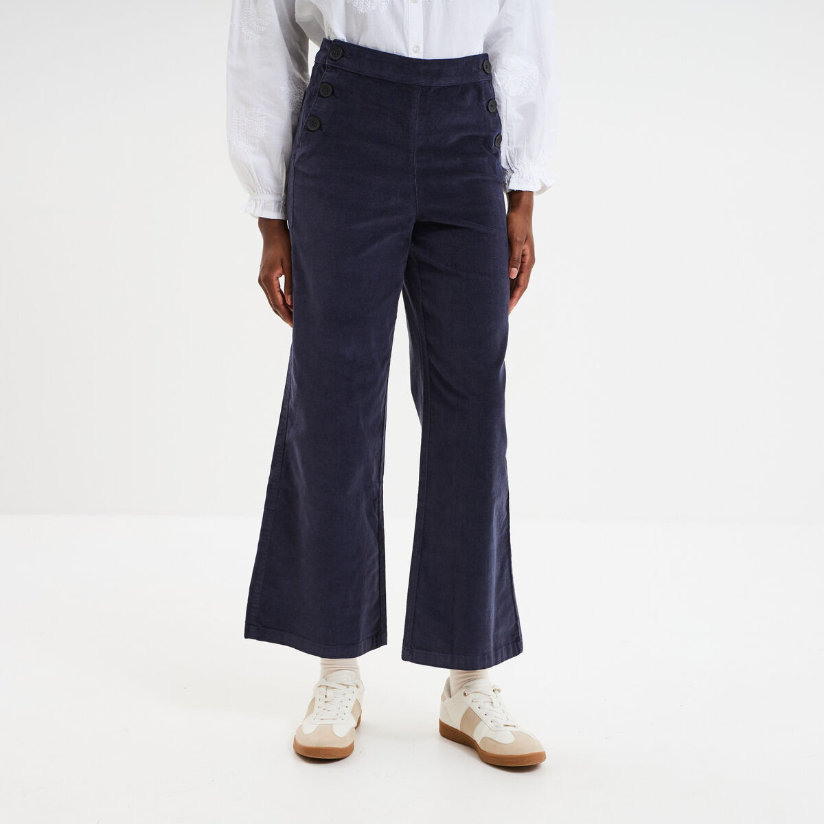 Pantalon effet velours &agrave; pont 7/8&egrave;me bleu fonc&eacute; femme